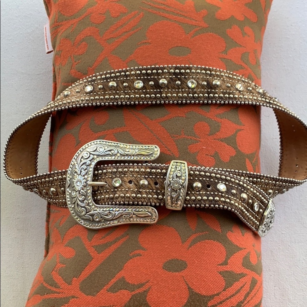 Calf Hair Rhinstone Western Belt 36 sits on hip